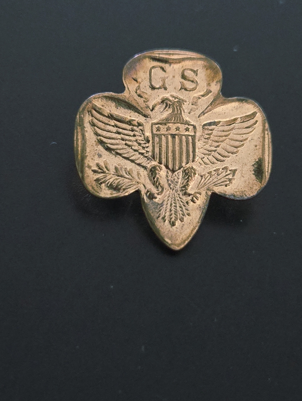 1940's Gold-Tone Clover Shield Pin with Eagle and GS Lettering-Girl Scouts